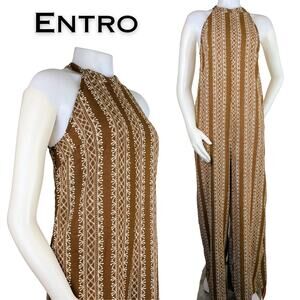 Entro Brown Ivory Tribal Stripe Wide Leg Jumpsuit Halter Neckline Size Medium